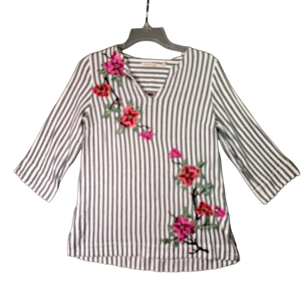 Soft Surroundings Floral Embroidered Striped Tunic Top PXS Grey White Boho